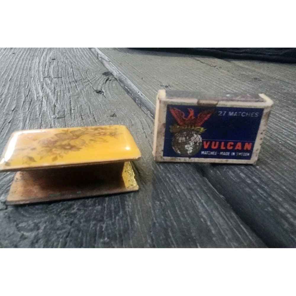 Vintage Gold Metal Matchbox Floral Sleeve Cover W/ Vintage Vulcan Match Box RARE